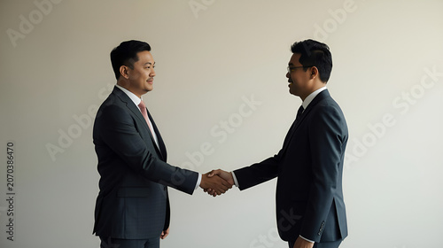 Two businessmen in suits shaking hands in agreement against a neutral background, symbolizing partnership and success.