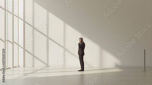 A lone businessman stands in a large, empty, sunlit room, contemplating.