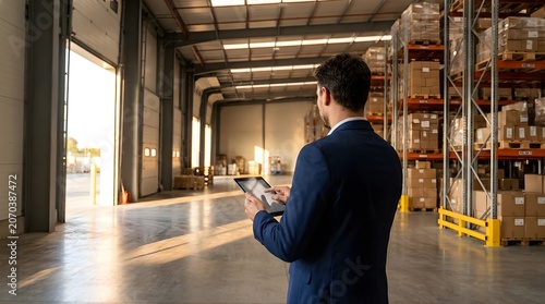 Businessman in blue suit analyzes inventory in a warehouse with shelves