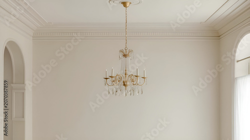 Elegant crystal chandelier hanging from a decorated ceiling in a bright, empty room.