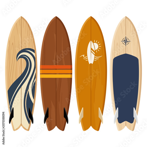 Four colorful surfboards are arranged in a neat vertical row