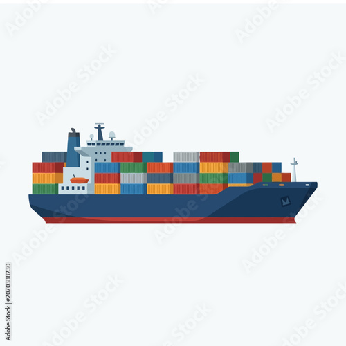 A large cargo ship carries colorful containers on the sea