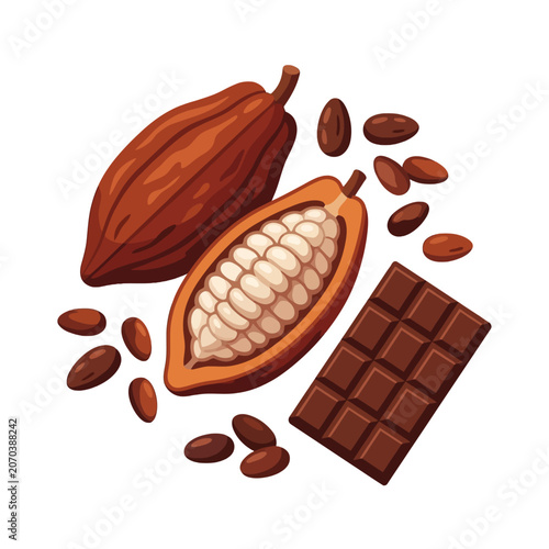 A rich cacao fruit, beans and chocolate bar are shown