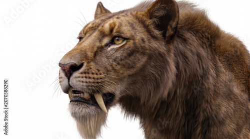 Bild auf Leinwand Horizontal close-up portrait of a Homotherium latidens head, showing detailed cr