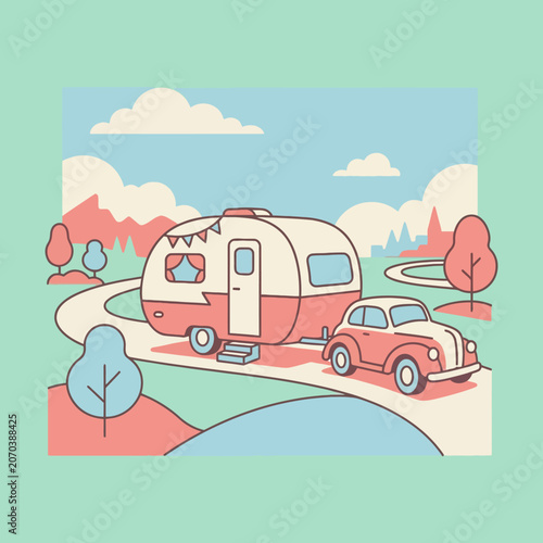 A cute vintage camper trailer parked in a scenic landscape