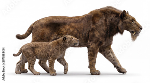Photos Homotherium latidens adult walking alongside a juvenile, displaying natural pare