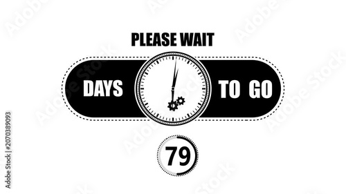 Monochrome countdown timer displaying seventy nine days to go with a clock face and gear isolated on a plain white background