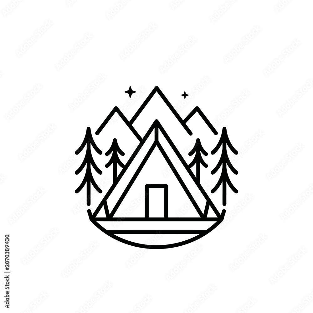 Obraz premium Black line art camping tent icon.