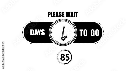 Black and white countdown showing eighty five days to go with a clock face and gear on a clean white background for project planning