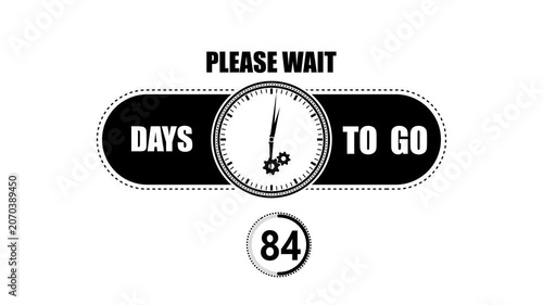 Black and white countdown showing eighty four days to go with a clock face and gear on a clean white background for project planning