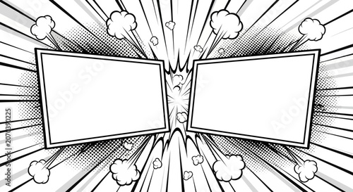 Two blank comic book style frames with dynamic explosion effect.