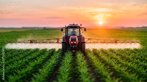 Agricultural tractor spraying crops at sunset over a vibrant green field
