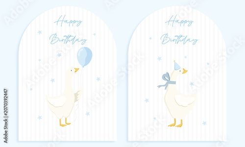 Cute Goose Birthday Card Template with Balloon and Party Hat for Baby Boy Celebration