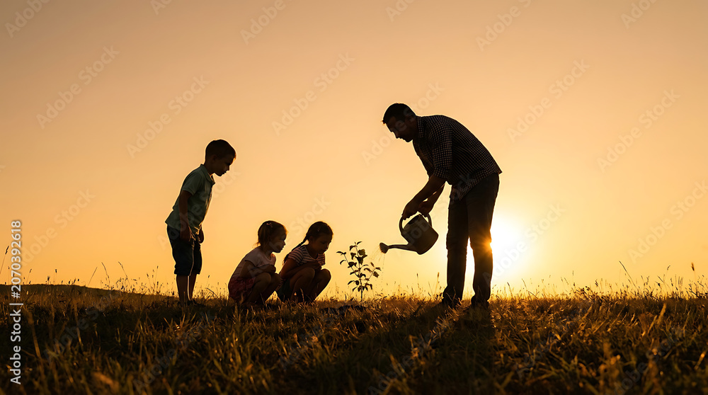 Fototapeta premium Family planting a tree together at sunset silhouette against golden sky