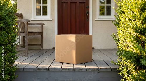 Package delivery on front porch with wooden bench and green shrubbery