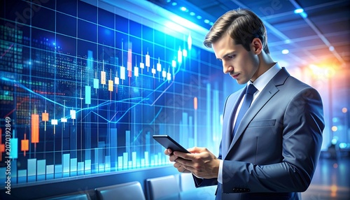Business professional analyzing stock market trends on digital tablet in modern office with businessman investment analysis