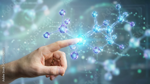 Closeup of a hand touching a digital holographic representation of a complex chemical molecular structure
