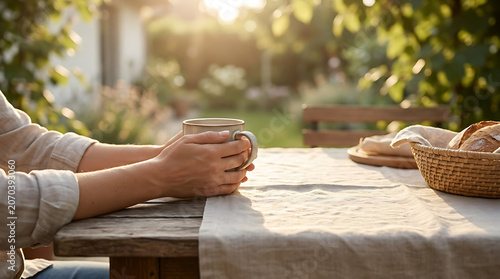 Warm beverage and fresh bread on a wooden table in a sunlit garden setting