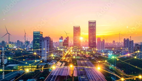 Smart city renewable energy infrastructure at sunset with renewable turbines technology infrastructure sustainability