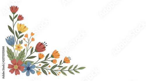Watercolor floral corner decoration with colorful flowers and leaves.