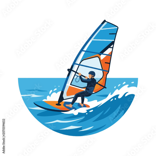 Cuadro en lienzo A windsurfer glides across ocean waves in a flat vector style