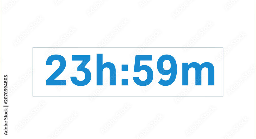 Fototapeta premium A digital display showing 23 hours and 59 minutes in bold blue text on a white background, representing a countdown or time duration.