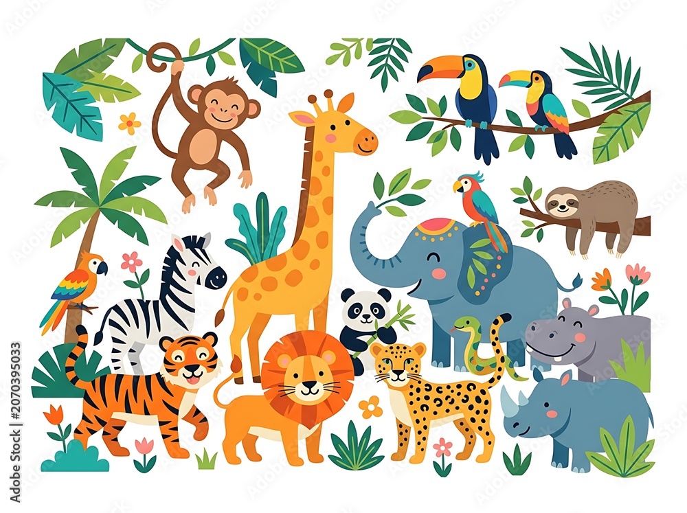 Obraz premium Cute cartoon jungle animals collection with tropical plants