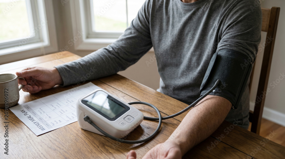 Fototapeta premium Home Blood Pressure Check at Dining Table Preventive Care Scene