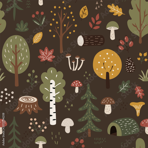 Photography Seamless forest pattern with mixed tree types, mushrooms, leaves