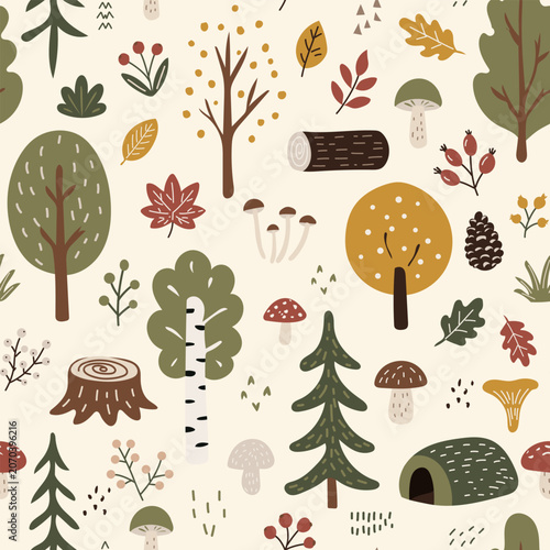 Tableau sur toile Seamless forest pattern with mixed tree types, mushrooms, leaves