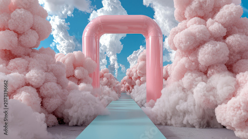 Pastel sky pathway leading through soft pink clouds