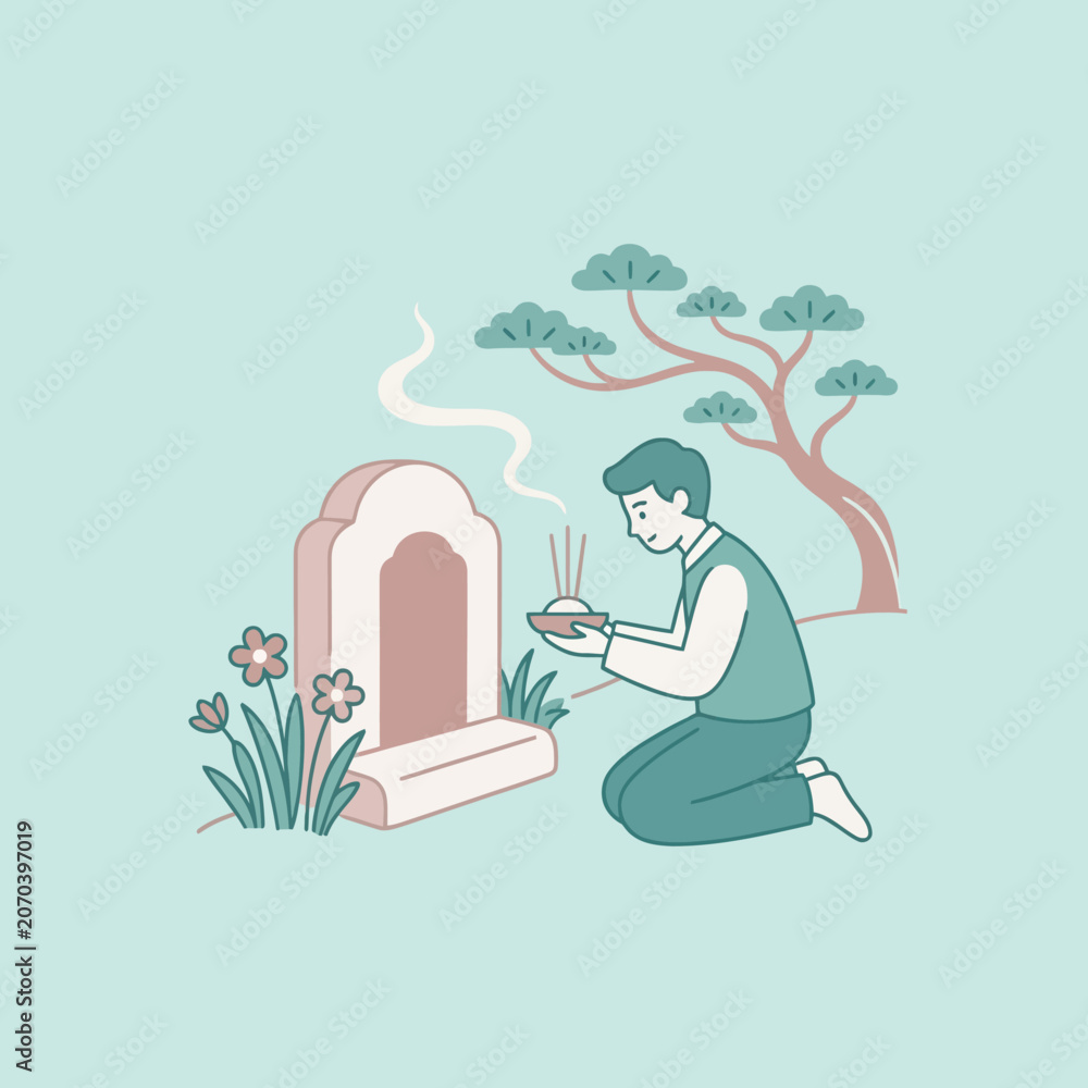Αυτοκόλλητο A man pays respect to ancestors at a grave with incense