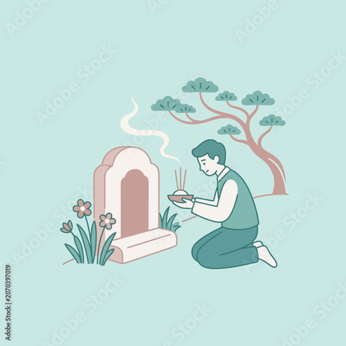Cuadro en lienzo A man pays respect to ancestors at a grave with incense