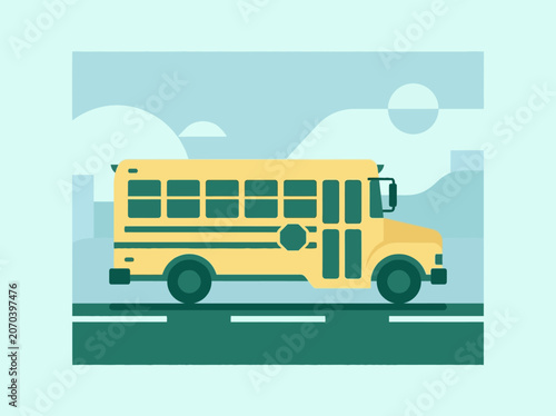 Foto Minimalist flat illustration of a yellow school bus on a road