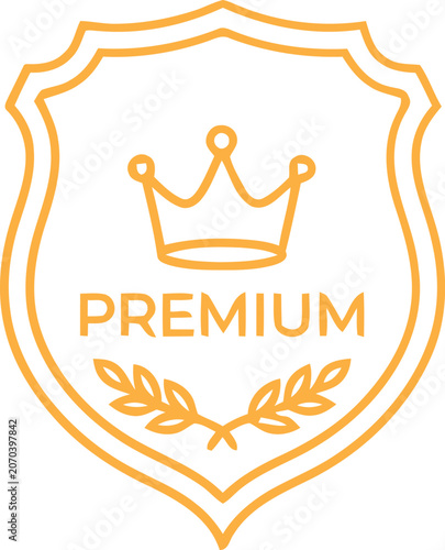 Premium quality shield icon with crown and laurel wreath line art