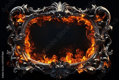Ornate baroque style picture frame engulfed in intense flames