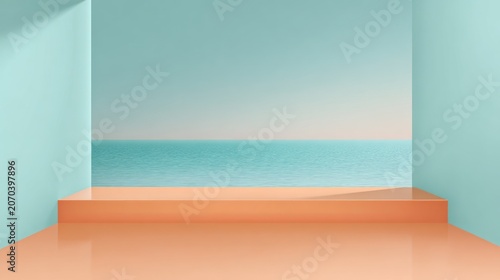 Minimalist Ocean View Room with Pastel Blue Walls and Peach Floor