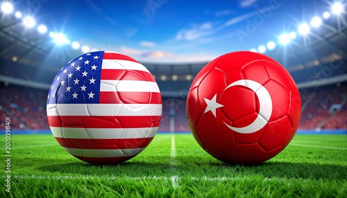 Two soccer balls in flags colors on a stadium blurred background. Turkiye vs USA 3D image.