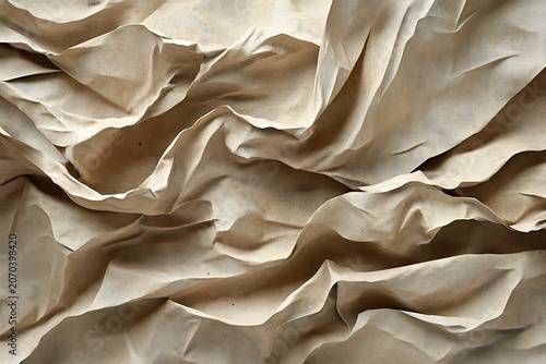 Abstract texture of crumpled beige fabric with deep shadows and folds