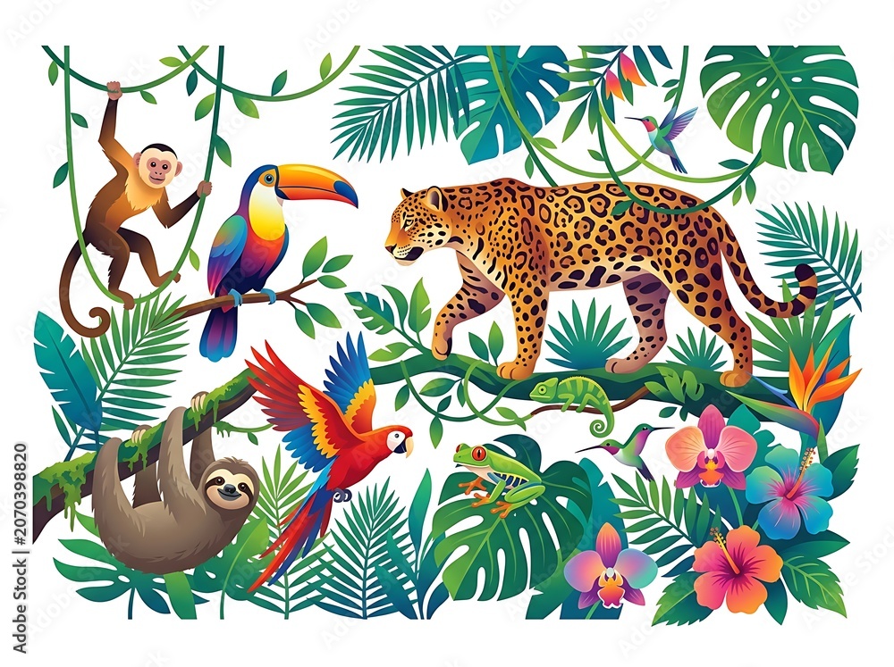 Fototapeta premium Vibrant jungle scene with tropical wildlife and lush foliage