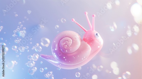 Cute Pink Snail Cartoon Character Surrounded by Bubbles in Dreamy Soft Focus Scene