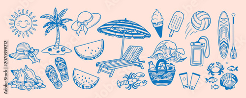 Photos Sunny beach vacation border, relaxing seaside doodle set, summer holiday decorat