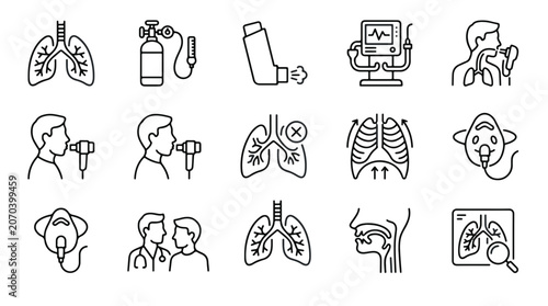 Obraz na plátně Set of Fifteen Grey Respiratory Healthcare and Pulmonology Icons on Solid Black