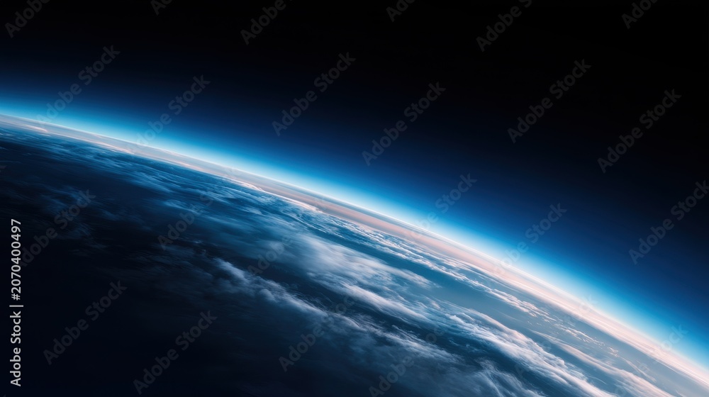Fototapeta premium Expansive aerial view showcasing Earth's curved horizon, atmospheric layers, and vast cloud formations