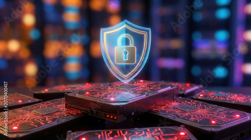 Cyber security shield protects computer data in glowing network server room with digital lock