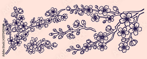 Canvastavla Beautiful cherry blossom border, spring floral doodle set, elegant flower decora