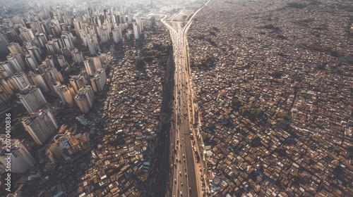 Top view of a megopolis with densely populated areas of skyscrapers. A massive urban landscape filled with high-rise buildings and dense urban development.
