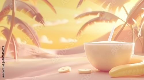 Creamy Yellow Smoothie in White Bowl with Banana Slices on Tropical Beach at Sunset