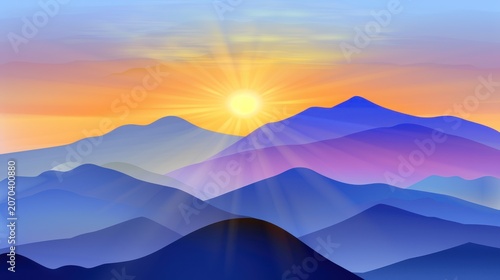 Colorful Sunset Over Layered Mountain Landscape with Radiant Sun