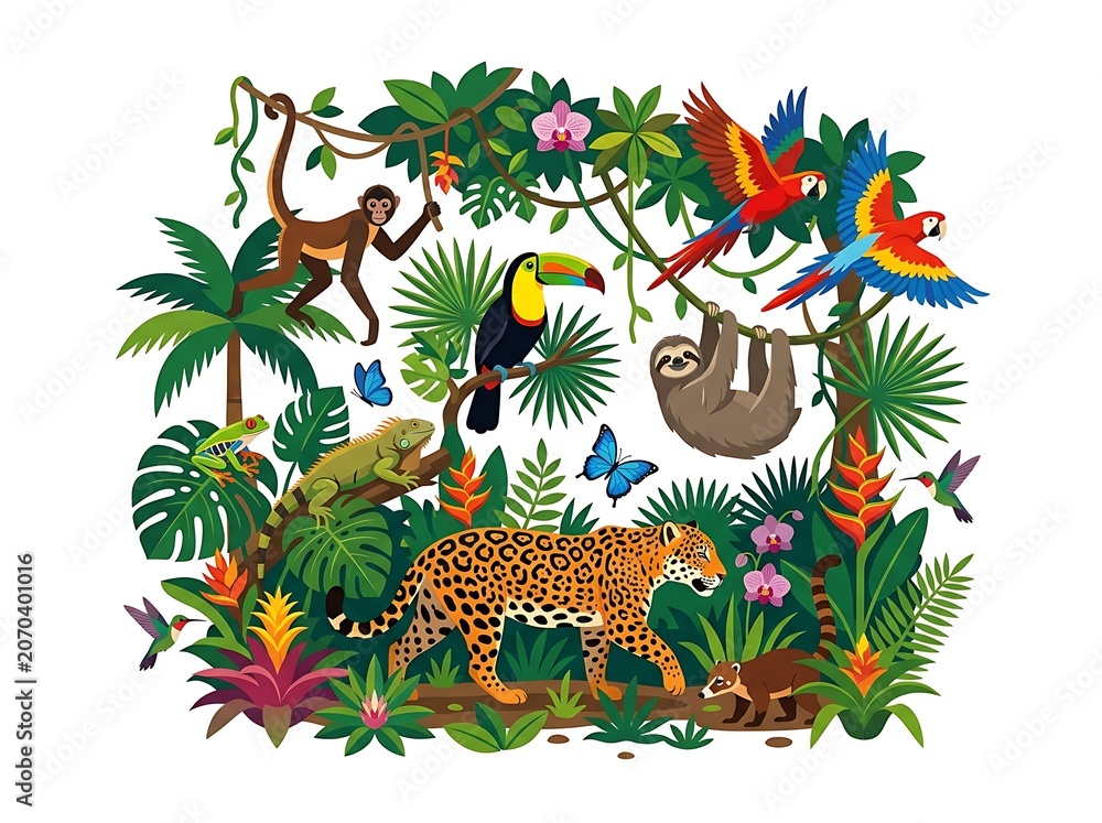 Fototapeta premium Vibrant tropical rainforest scene with diverse jungle animals and plants